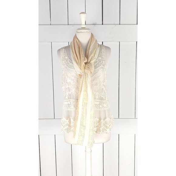 Vintage sheer lightweight beige gold metallic thread striped wide wrap tie belt - Picture 2 of 4